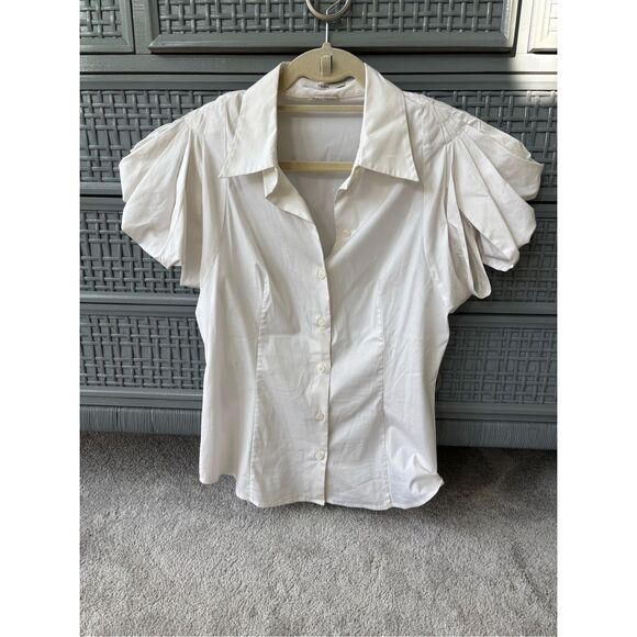 PRADA Ivory White Puff Short Sleeve Cotton Fitted Button Up Blouse Top Shirt, Si - Picture 1 of 9